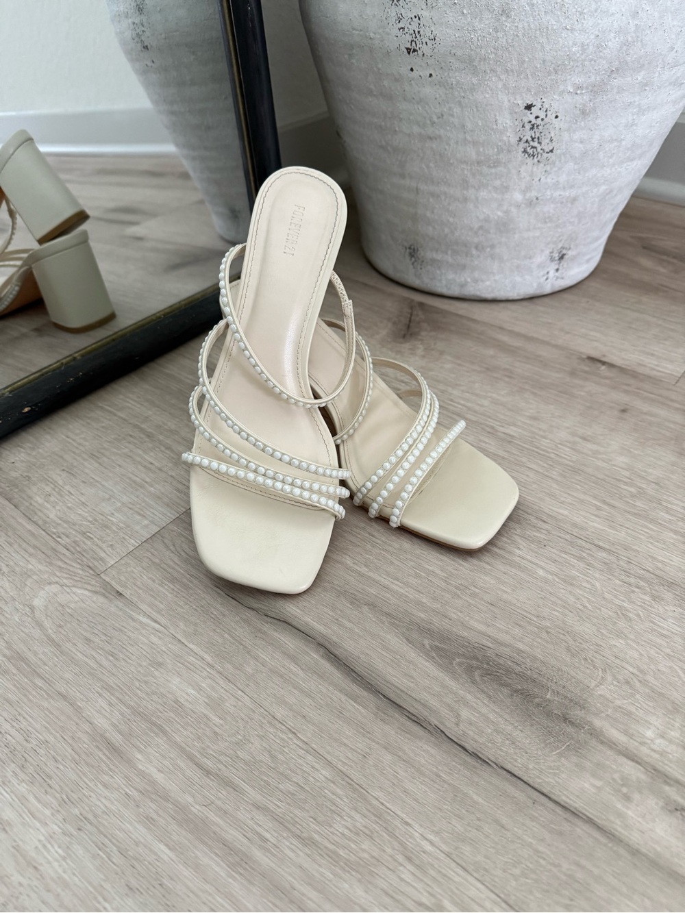 Pearl-Embellished Strap Sandal Heels in Cream